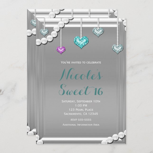 Diamonds & Pearls Bling Jewels Glam Birthday Party Einladung (Vorne/Hinten)