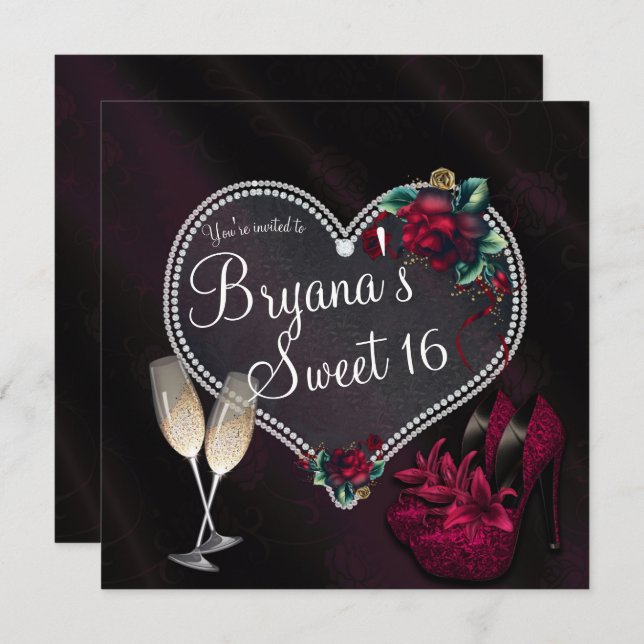 Diamonds Pearls Dark Heart High Heels Sweet 16 Einladung (Vorne/Hinten)