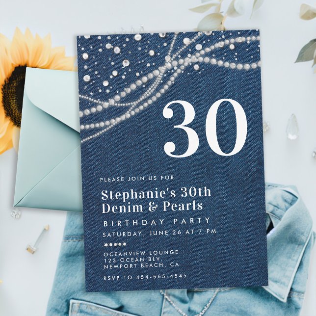 Diamonds Pearls Denim Elegant Classy 30. Geburtsta Einladung (denim pearls 30th birthday party invitation template for women elegant classy rustic chic feminine)