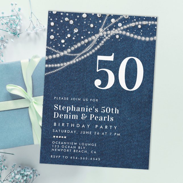 Diamonds Pearls Denim Elegant Classy 50. Geburtsta Einladung (diamonds pearls denim 50th birthday invitation for women elegant classy modern chic rustic country)