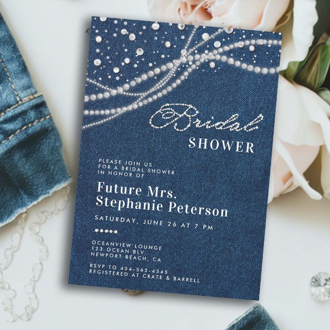 Diamonds Pearls Elegant Romance Mrs. Brautparty Einladung (denim diamonds pearls bridal shower invitation elegant classy rustic feminine romantic western chic)