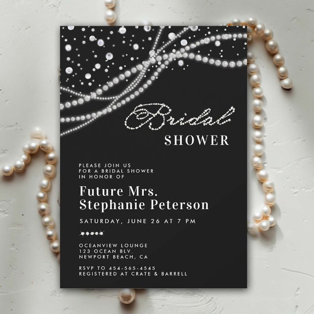 Diamonds Pearls Elegantes Schwarz-weißes Brautpart Einladung (diamonds pearls bridal shower invitation black white elegant classy bling romantic feminine rustic)