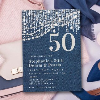 Diamonds Pearls Fringe Jean Denim 50. Geburtstag Einladung