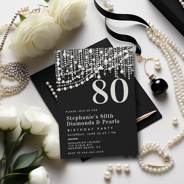 Diamonds Pearls Fringe Schwarz-weiß 80. Geburtstag Einladung (diamonds pearls 80th birthday party invitation black white formal elegant classy feminine stylish)