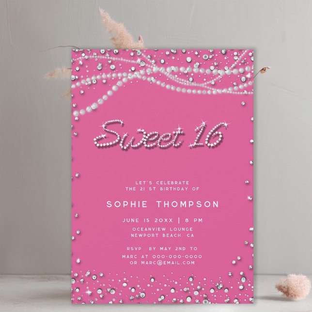 Diamonds Pearls Hübsch Girly Pink Elegant Sweet 16 Einladung (diamonds and pearls sweet 16 birthday party invitation template for girls elegant classy chic girly)