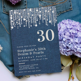 Diamonds Pearls Jean Denim Classy 30. Geburtstag Einladung