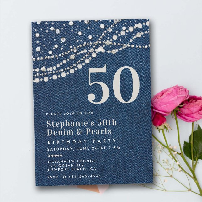 Diamonds Pearls Jeans Elegant Classy 50. Geburtsta Einladung (diamonds pearls 50th birthday invitation for her women elegant classy bling jean rustic western chic)