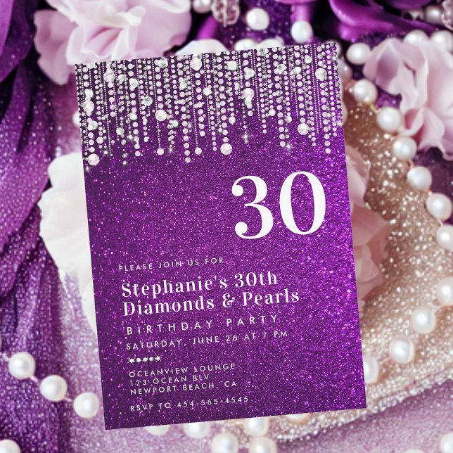Diamonds Pearls Lila Glitzer Glitz 30. Geburtstag Einladung (glitz and glam 30th birthday party invitation for women purple glitter diamonds and pearls elegant )