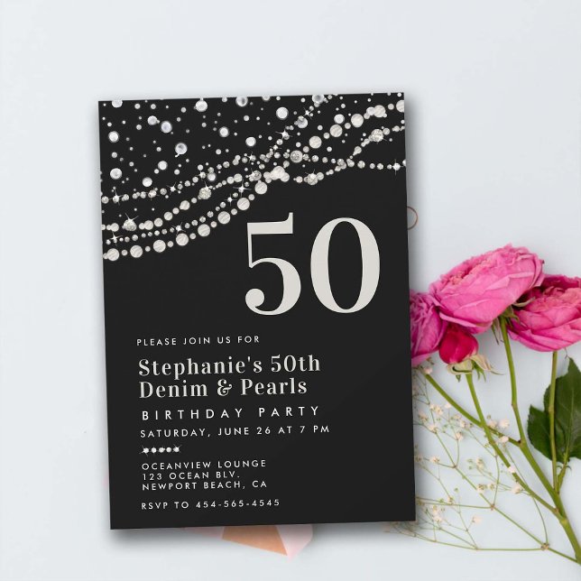 Diamonds Pearls Schwarz-weiß Elegant 50. Geburtsta Einladung (diamonds pearls 50th birthday party invitation for women elegant classy bling chic rustic modern)