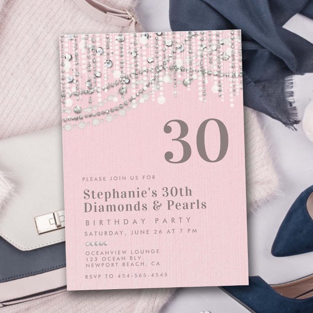 Diamonds Pearls Vintag Pink Elegant 30. Geburtstag Einladung (glam diamonds pearls vintage pink 30th birthday invitation for women elegant classy feminine bling)