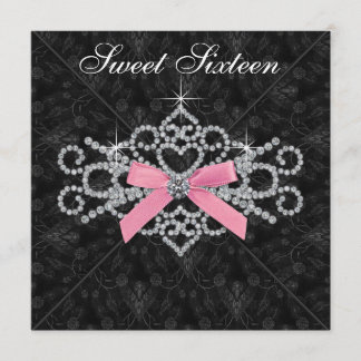 Diamonds Pink Black Damask Sweet 16 Geburtstagspar Einladung