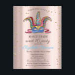 Diamonds Rose Gold Farbige Maske Sweet 16 Einladungspostkarte<br><div class="desc">Golddiamanten und blaue Maske auf einem goldenen Hintergrund der Rose.</div>