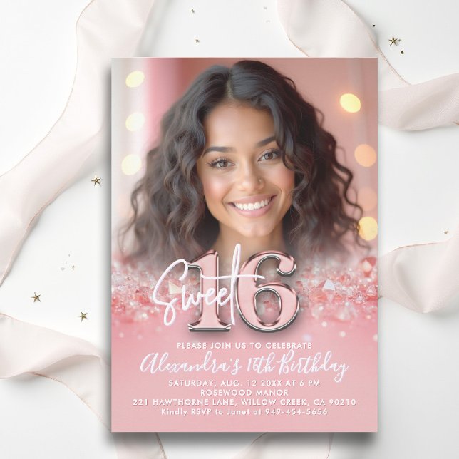 Diamonds Rose Gold Modernes Chic Foto Sweet 16 Einladung (sweet sixteen invitation 16th birthday diamonds rose gold blush pink photo template fashion teenager)