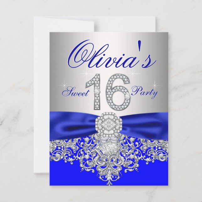 Diamonds Royal Blue und Silver Sweet 16 Party Einladung (Vorderseite)