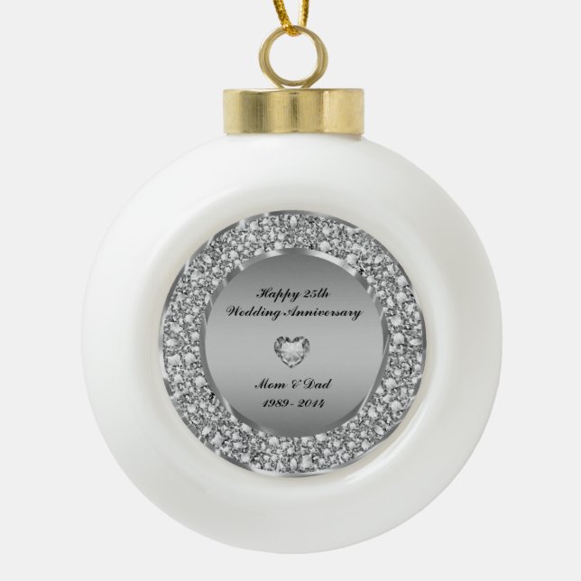 Diamonds & Silver 25th Wedding Anniversary Keramik Kugel-Ornament (Vorderseite)