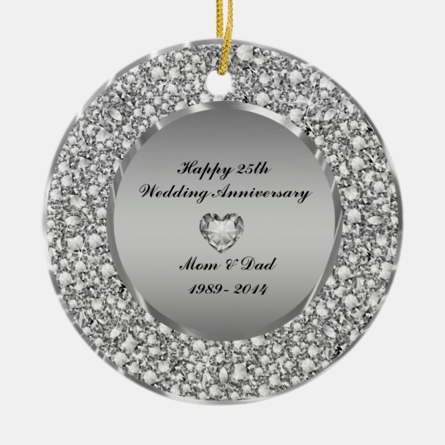 Diamonds & Silver 25th Wedding Anniversary Keramikornament (Vorne)