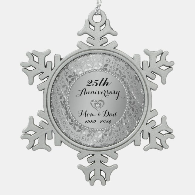 Diamonds & Silver 25th Wedding Anniversary Schneeflocken Zinn-Ornament (Vorderseite)