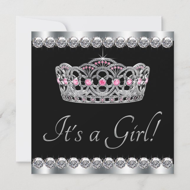 Diamonds Silver Tiara Pink Black Baby Dusche Einladung (Vorderseite)