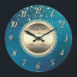 Diamonds Stars Blue 50 Hochzeitstag Große Wanduhr<br><div class="desc">Elegante goldene Diamanten und Sterne auf blauem Hochzeitstag Uhr.</div>