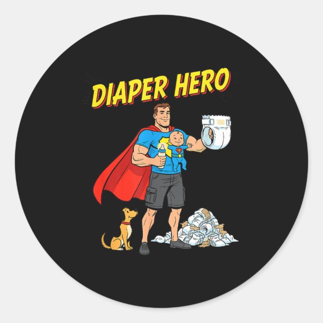 Diaper Hero Funny Cartoon Dad Design For New Fathe Runder Aufkleber (Vorderseite)