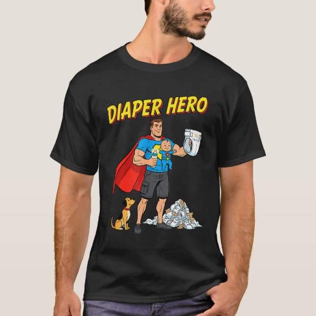 Diaper Hero Funny Cartoon Dad Design For New Fathe T-Shirt (Vorderseite)