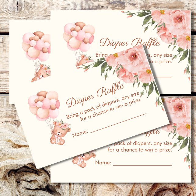 Diaper Raffekarte Niedlich Bärenballon Rosa Blume Begleitkarte (Von Creator hochgeladen)