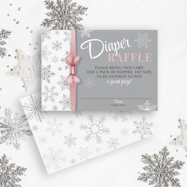 Diaper Raffle Baby Girl Pink Grau Schneeflocke Win Begleitkarte (Baby It's Cold Outside, Snow Excited, Snowflake Winter Pink Gray Baby Girl Shower Diaper Raffle card)