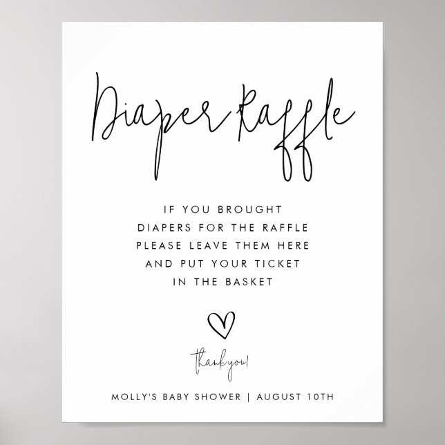 Diaper Raffle Black & White Minimalistisches Skrip Poster (Vorne)