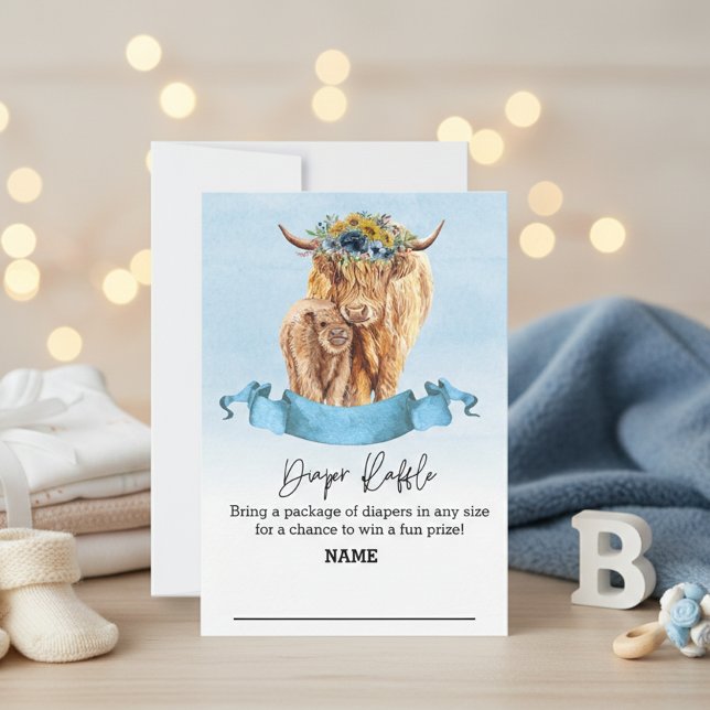 Diaper Raffle Blue Boy Highland Cow Baby Dusche Einladung (Von Creator hochgeladen)