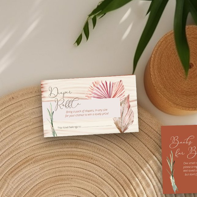 Diaper Raffle Boho Palm getrocknete Foliage Babydu Begleitkarte (Diaper Raffle enclosure card in terracotta with boho palm leaves)