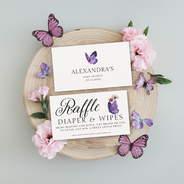 Diaper Raffle Butterfly Wild Lila Baby Dusche Begleitkarte (baby shower diaper raffle insert card purple butterflies wildflowers garden party spring summer)