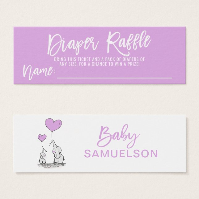 DIAPER RAFFLE Elephant LAVENDER Baby Dusche (Vorne & Hinten)