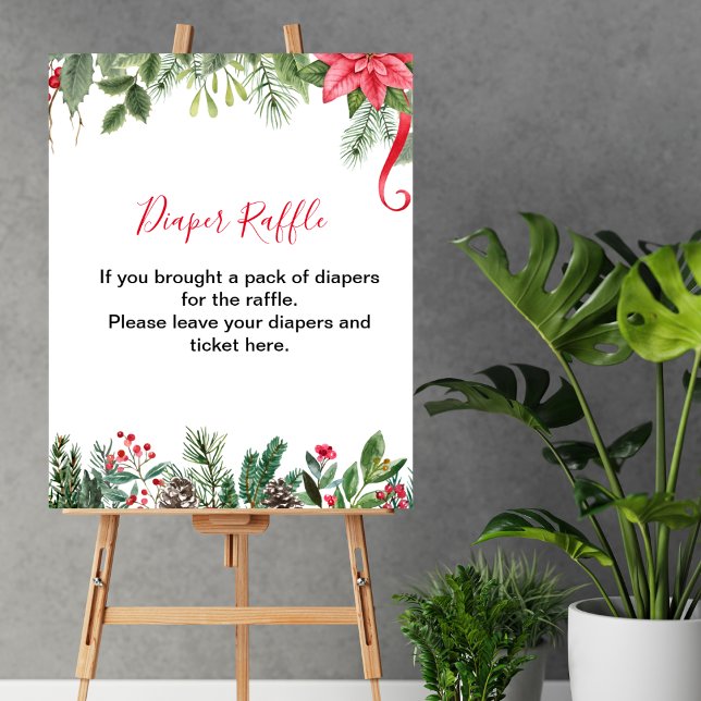 Diaper Raffle Game Winter Red Poinsettia Pinecones Poster (Von Creator hochgeladen)