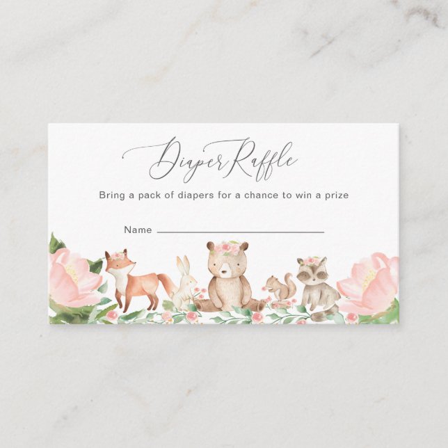 Diaper Raffle Girl Woodland Animals Baby Dusche en Begleitkarte (Vorderseite)