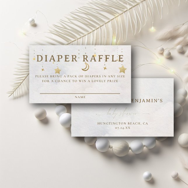Diaper Raffle Moon Mobile Twinkle Baby Shower Begleitkarte (over the moon baby shower diaper raffle card twinkle little star pastel white sky clouds celestial)