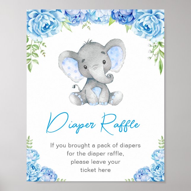 Diaper Raffle Schild Blue Elephant Baby Boy Dusche (Vorne)
