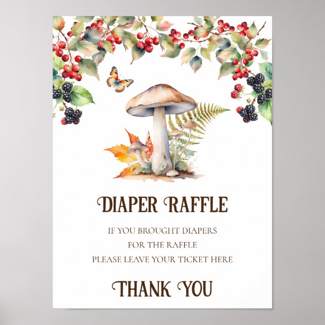 Diaper Raffle Sign Baby Dusche Woodland Mushroom Poster (Vorne)