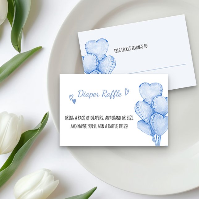 Diaper Raffle Ticket mit Blue Heart Balloons Begleitkarte (Diaper Raffle Tickets from the little sweetheart themed Car and Balloons collection by Darling & May)