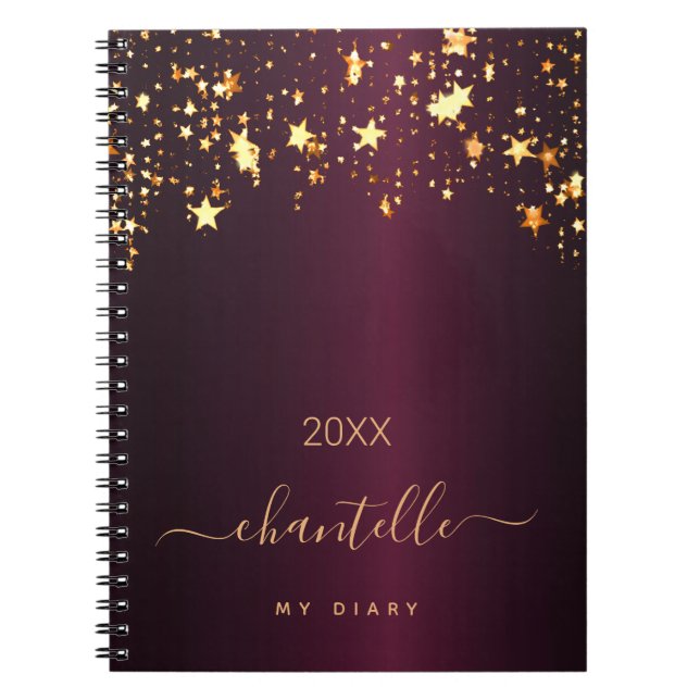 Diary burgundy gold stars monogram name modern notizblock (Vorderseite)
