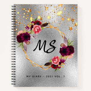 Diary silber floral burgundy monogram notizbuch
