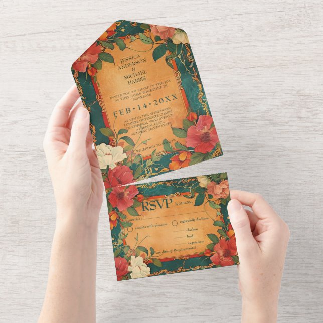 🌹 Diätwahl Rose Romantik: Jugendstil All In One Einladung (Abreißen)