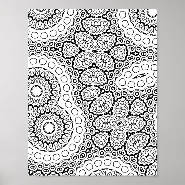 Dichtes Blumen-Mandala-Fliesenmuster-Malvorlage Poster (Vorne)