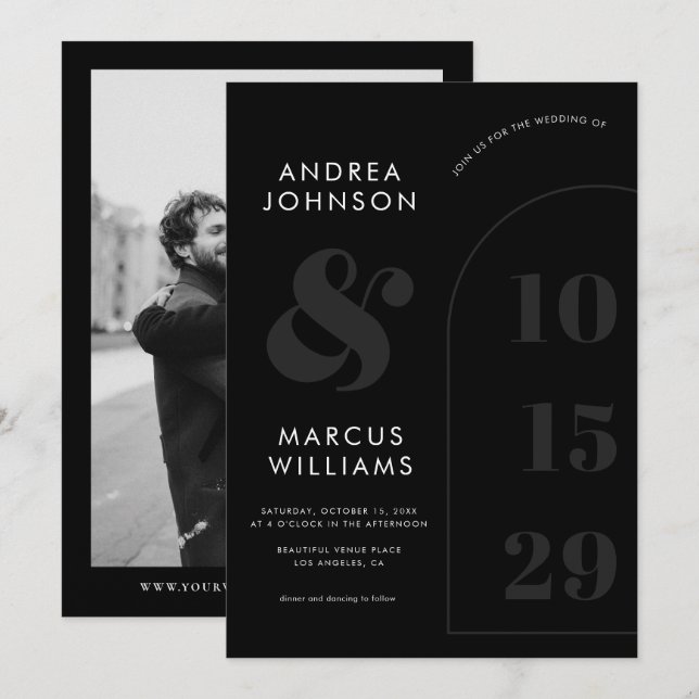 Dicke Ampersand & Date Black & White Foto Hochzeit Einladung (Vorne/Hinten)