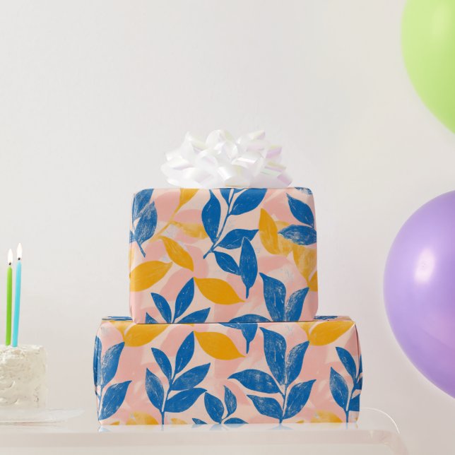 Dicke blaue und gelbe Leaf-Lithographie-Muster Geschenkpapier (Partygeschenke)
