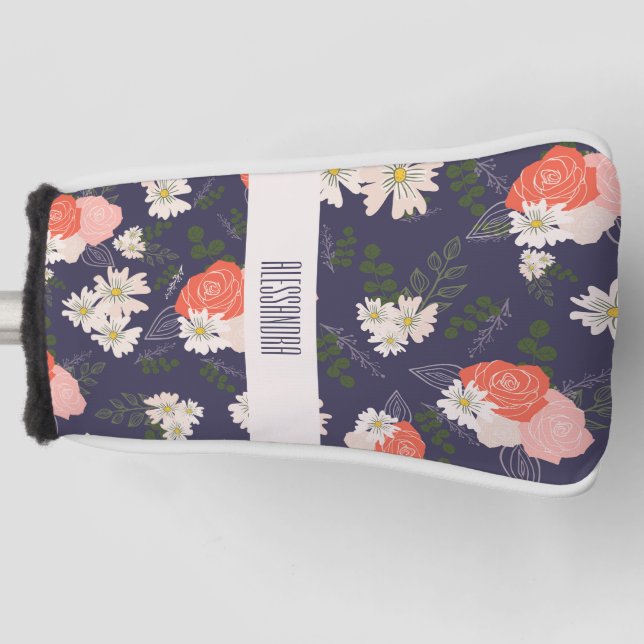 Dicke Blumendoodles in pfirsichrosa und marineblau Golf Headcover (Vorderseite)