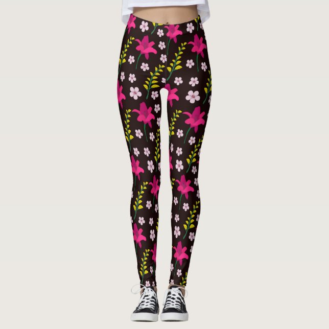 Dicke Blumenmuster auf schwarzem Hintergrund Leggings (Vorderseite)