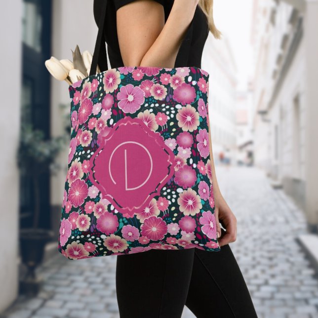 Dicke Blumenmuster Monogramm Pink mädchenhafte Tas (Add the first letter of your name on this bold flower pattern tote bag)