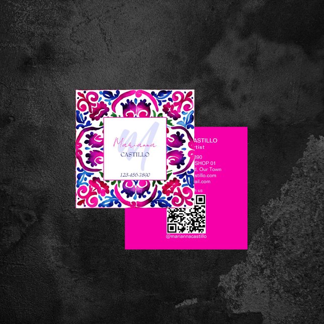 Dicke bunt einzigartige rosa Vorlage qr Quadratische Visitenkarte (Bold bright colorful unique pink template qr square business card Mexican Talavera tile pattern pink)