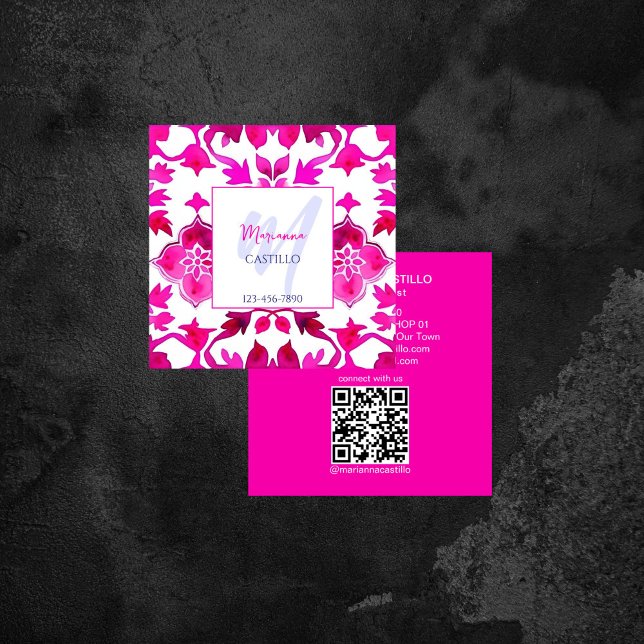 Dicke bunt einzigartige rosa Vorlage qr Quadratische Visitenkarte (Bold bright colorful unique pink template qr square business card fuchsia hot pink tile pattern)