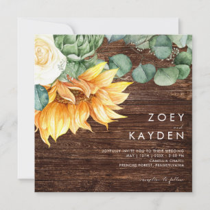 Dicke Country Sunflower Bouquet Wood Square Hochze Einladung